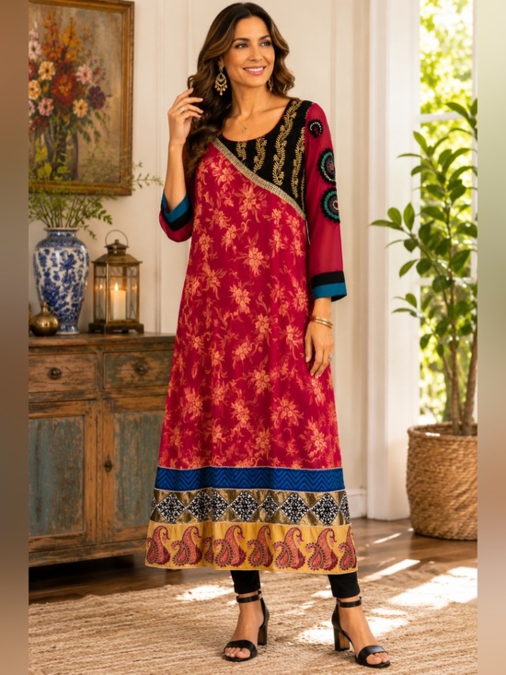 Handmade Artisan Silk Special Events Dress | South Asian-Inspired EUC M #2603